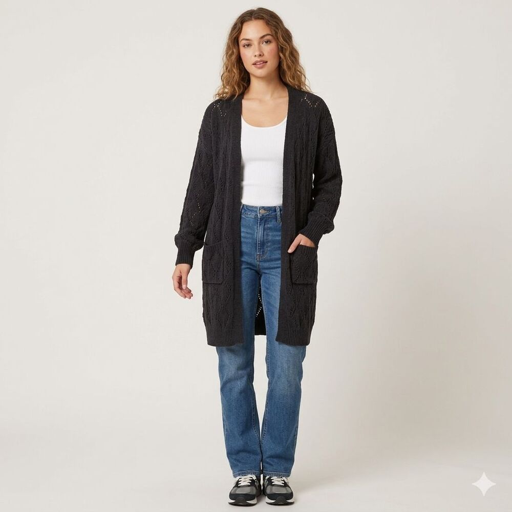 No Boundaries Women's Pointelle Knit Long Cardigan Sweater Black size M (8-10)